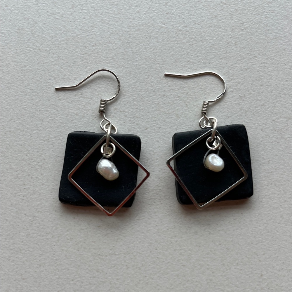 Handmade Elegant Black and Silver Clay Earrings with Pearl Accent